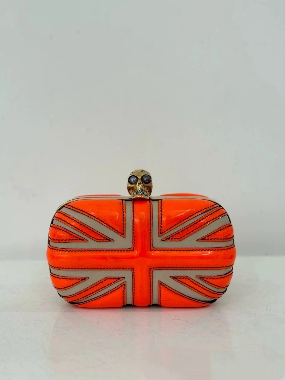 Alexander McQueen Neon Orange Union Jack Skull Minaudière